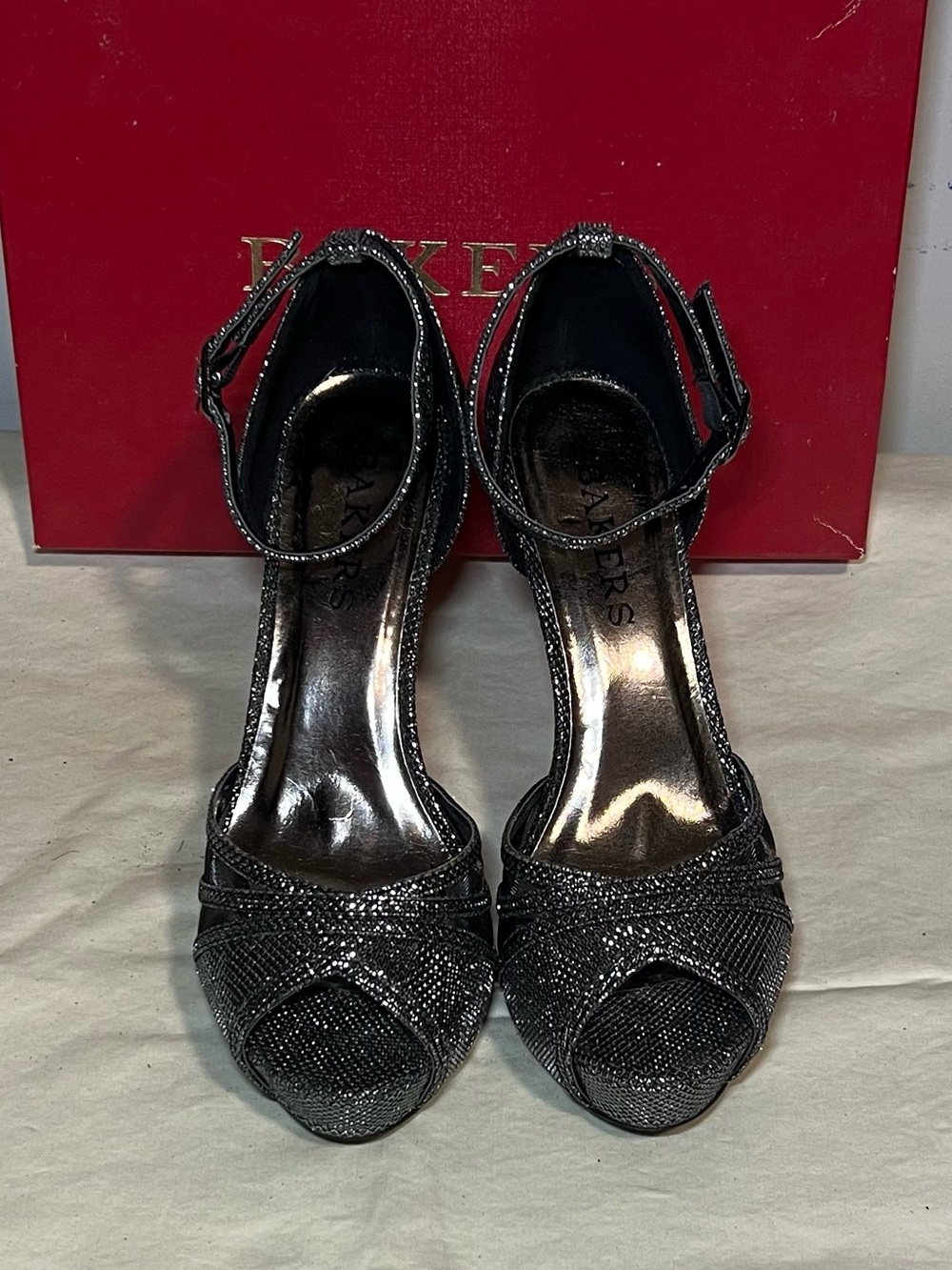 Bakers Black Glitter Peep-Toe Ankle-Strap Heels